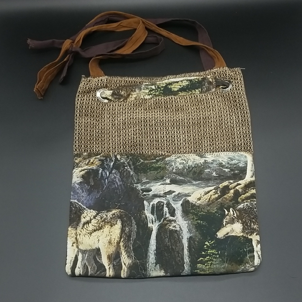 Upcycled Handmade Handcrafted Brown, Green, Cream & White Wolf Shoulder Tote Bag